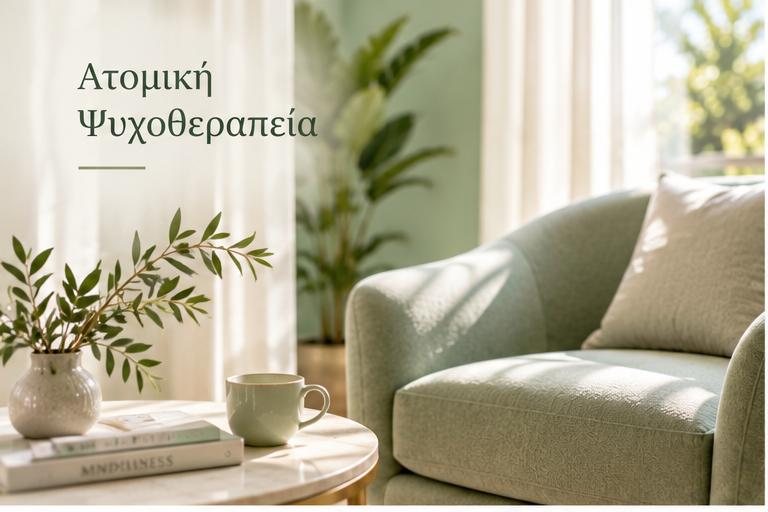 Ατομική Ψυχοθεραπεία: φωτεινό, ήρεμο δωμάτιο συνεδριών με πολυθρόνα