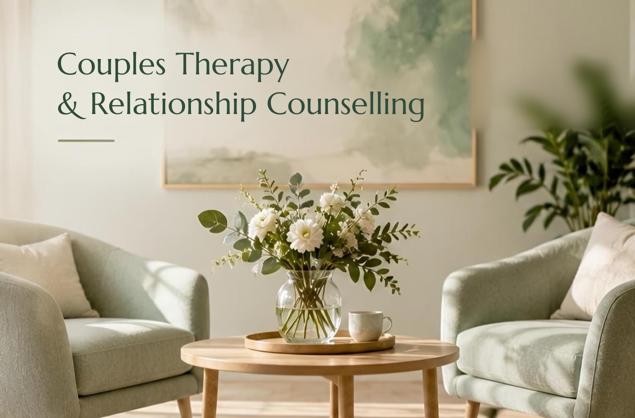 Couples therapy and relationship counselling: two armchairs facing each other and a vase of flowers