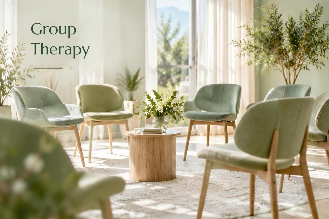 Group therapy: chairs in a circle in a bright room with plants