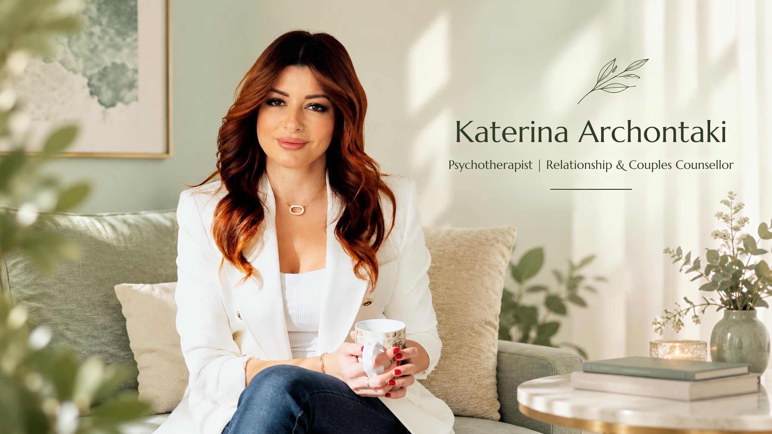 Katerina Archontaki sitting on the sofa in her office, holding a cup