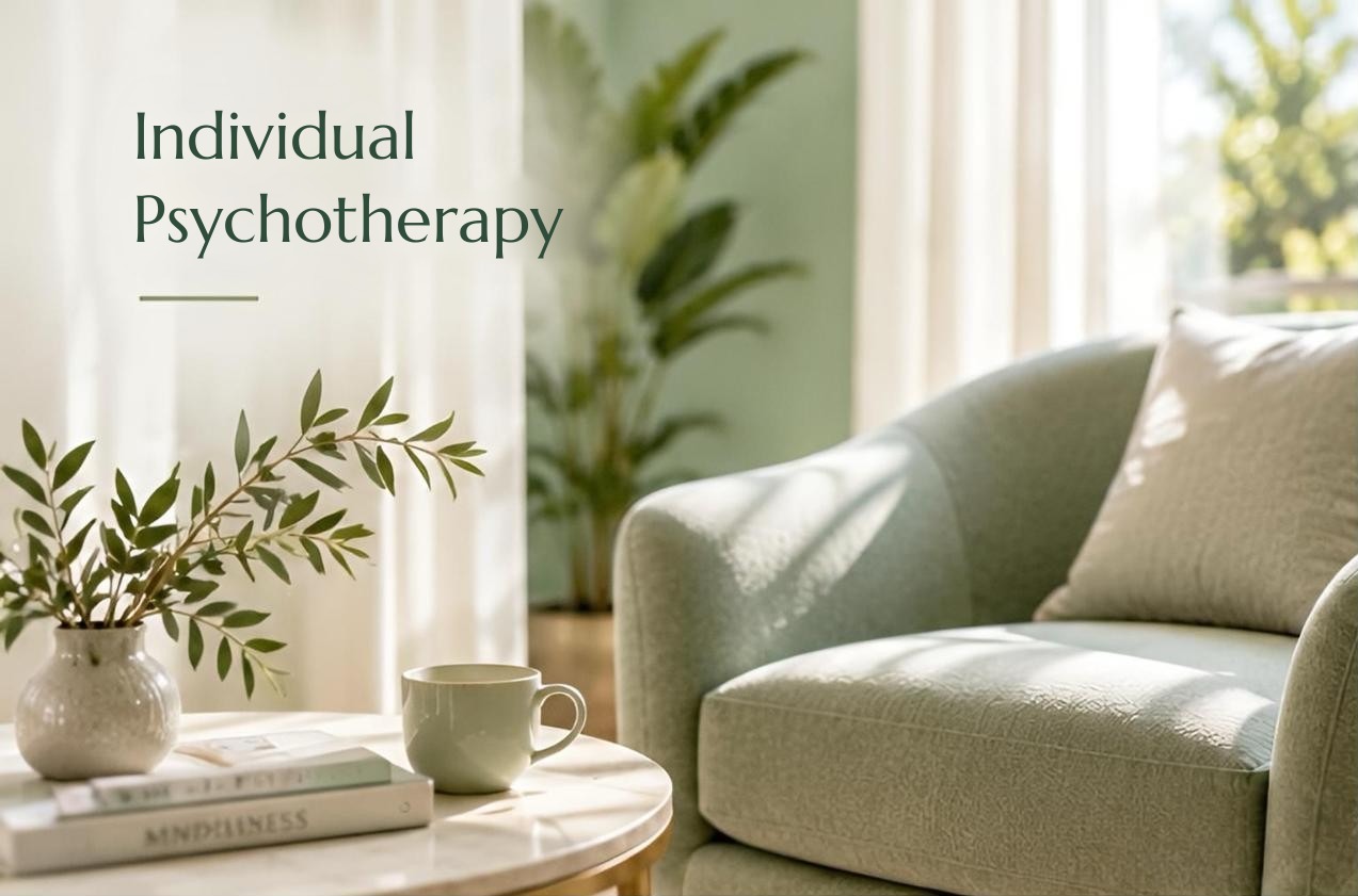 Individual psychotherapy: a comfortable armchair, a plant and a cup in a bright room