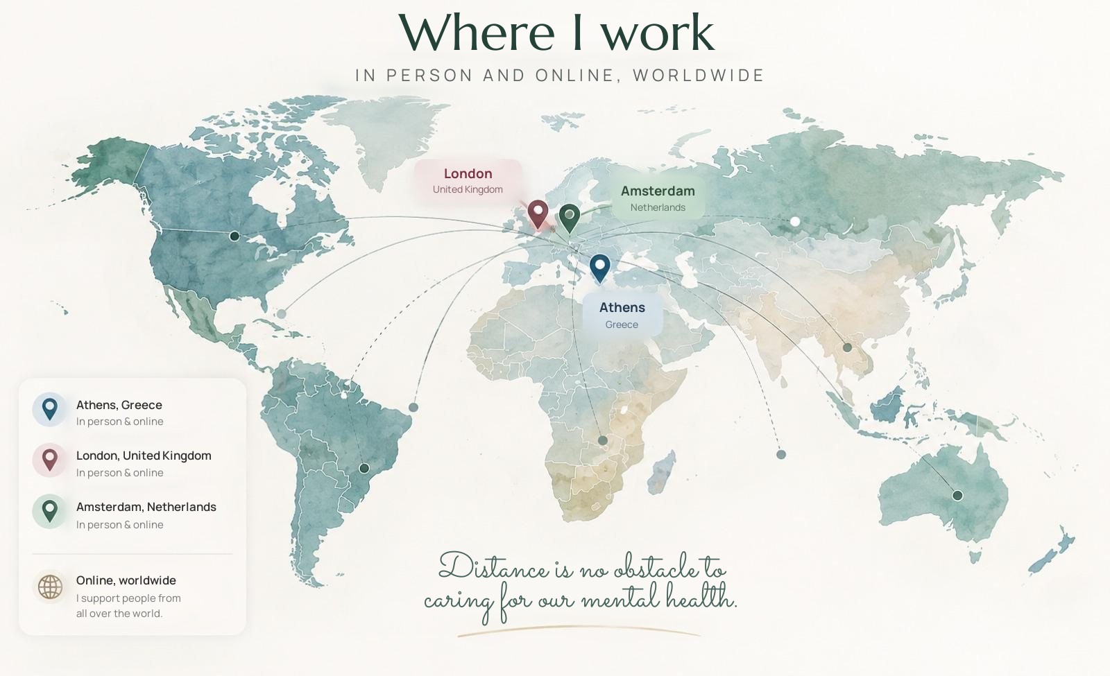 Where I work: a map showing Athens, London and Amsterdam, in person and online