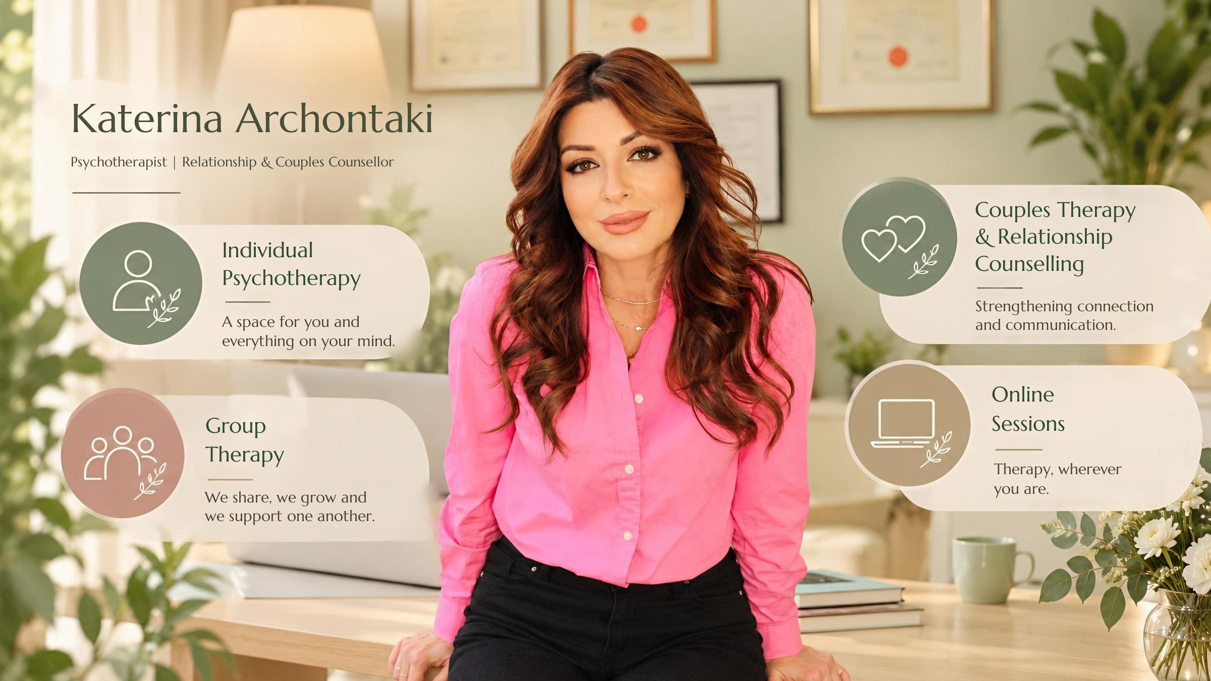 Katerina Archontaki, Psychotherapist and Relationship & Couples Counsellor, with her services: individual psychotherapy, couples therapy, group therapy and online sessions