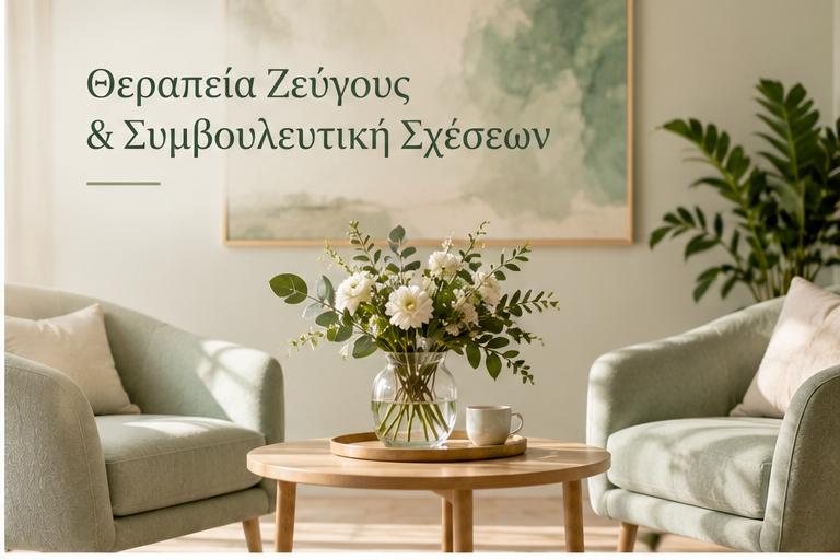 Θεραπεία Ζεύγους & Συμβουλευτική Σχέσεων: δύο πολυθρόνες απέναντι σε ήρεμο χώρο